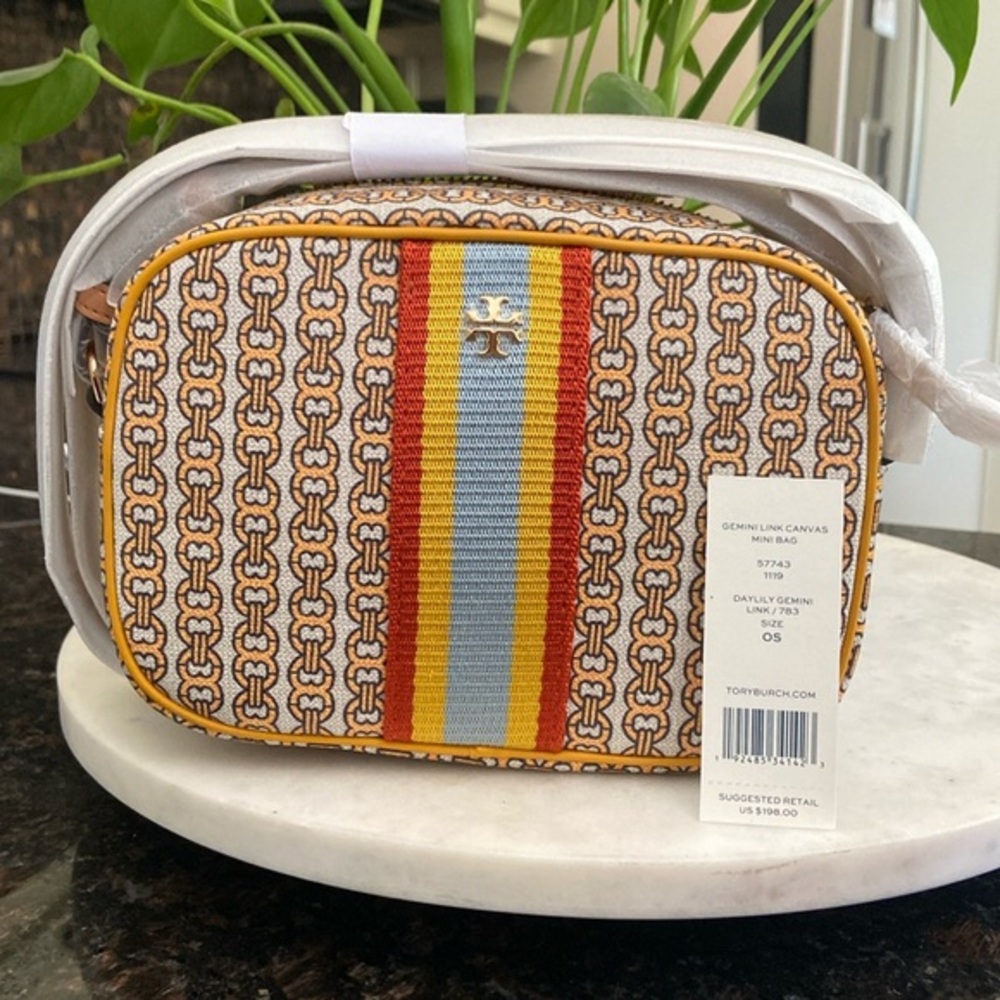 Tory Burch Gemini Link Canvas Mini Crossbody in Yellow, Orange, Blue & Cream